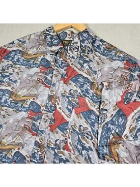 Vintage Pure Silk Shirt Mens Large Nautical Boating Ship Captian Blue Cruise AOP